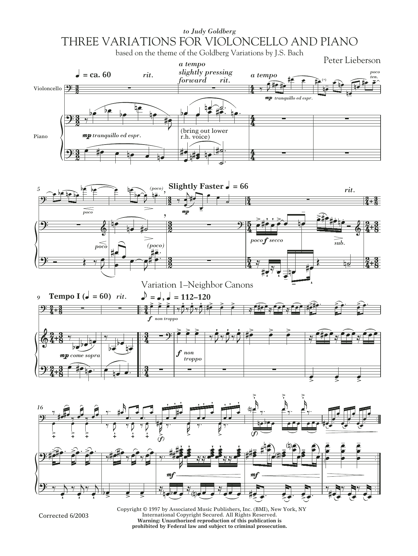 Download Peter Lieberson Three Variations For Violoncello And Piano Sheet Music and learn how to play Chamber Group PDF digital score in minutes