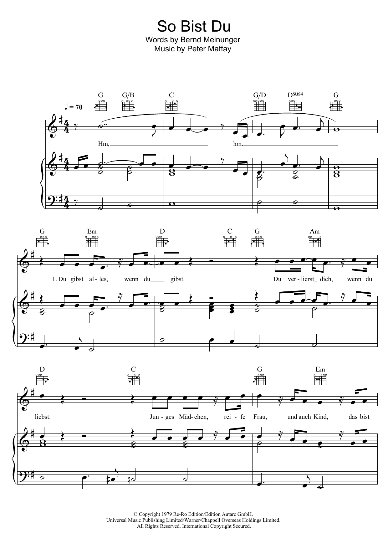 Download Peter Maffay So Bist Du Sheet Music and learn how to play Piano, Vocal & Guitar (Right-Hand Melody) PDF digital score in minutes