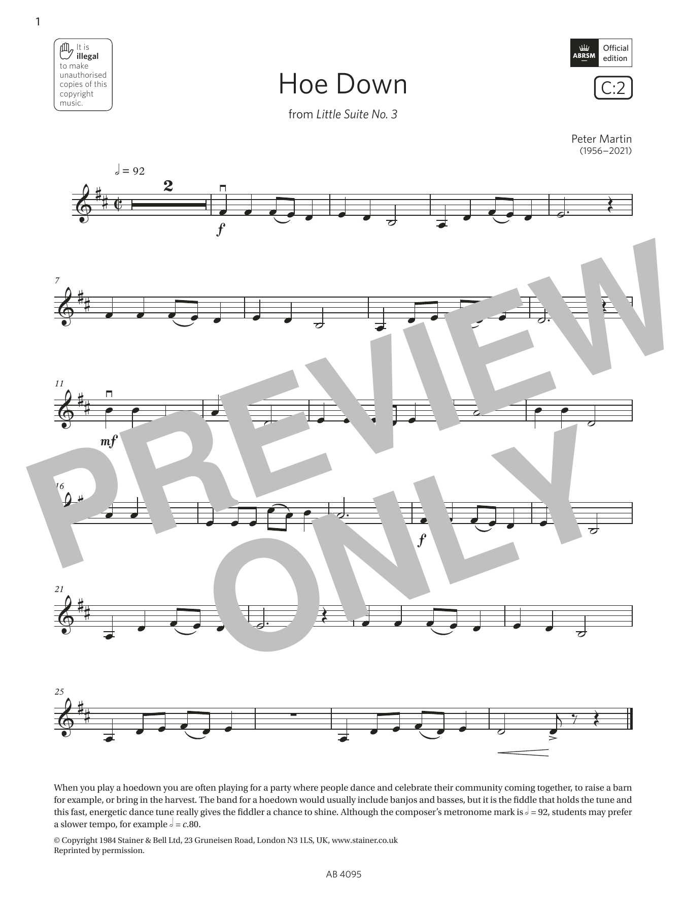 Download Peter Martin Hoe Down (Grade 1, C2, from the ABRSM Violin Syllabus from 2024) Sheet Music and learn how to play Violin Solo PDF digital score in minutes