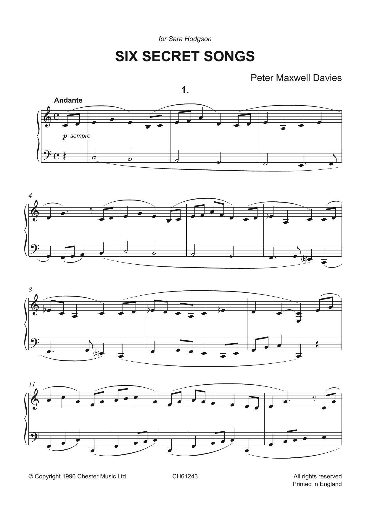 Download Peter Maxwell Davies Six Secret Songs Sheet Music and learn how to play Piano PDF digital score in minutes