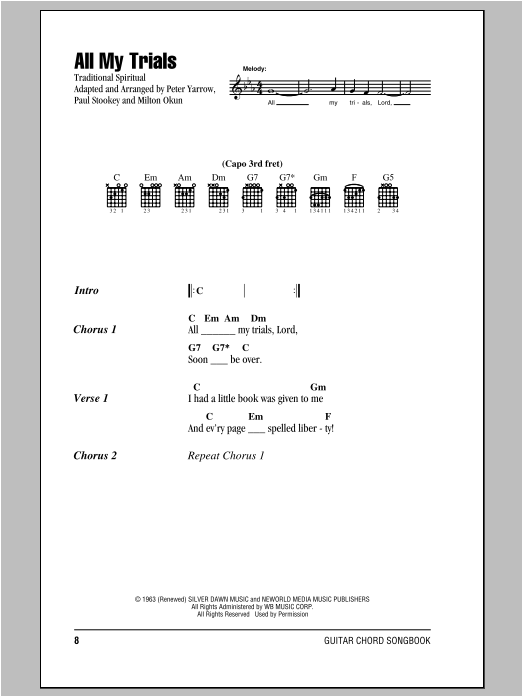 Download Peter, Paul & Mary All My Trials Sheet Music and learn how to play Lyrics & Chords PDF digital score in minutes