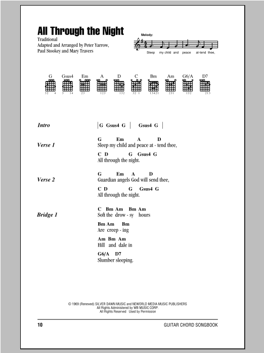 Download Peter, Paul & Mary All Through The Night Sheet Music and learn how to play Lyrics & Chords PDF digital score in minutes
