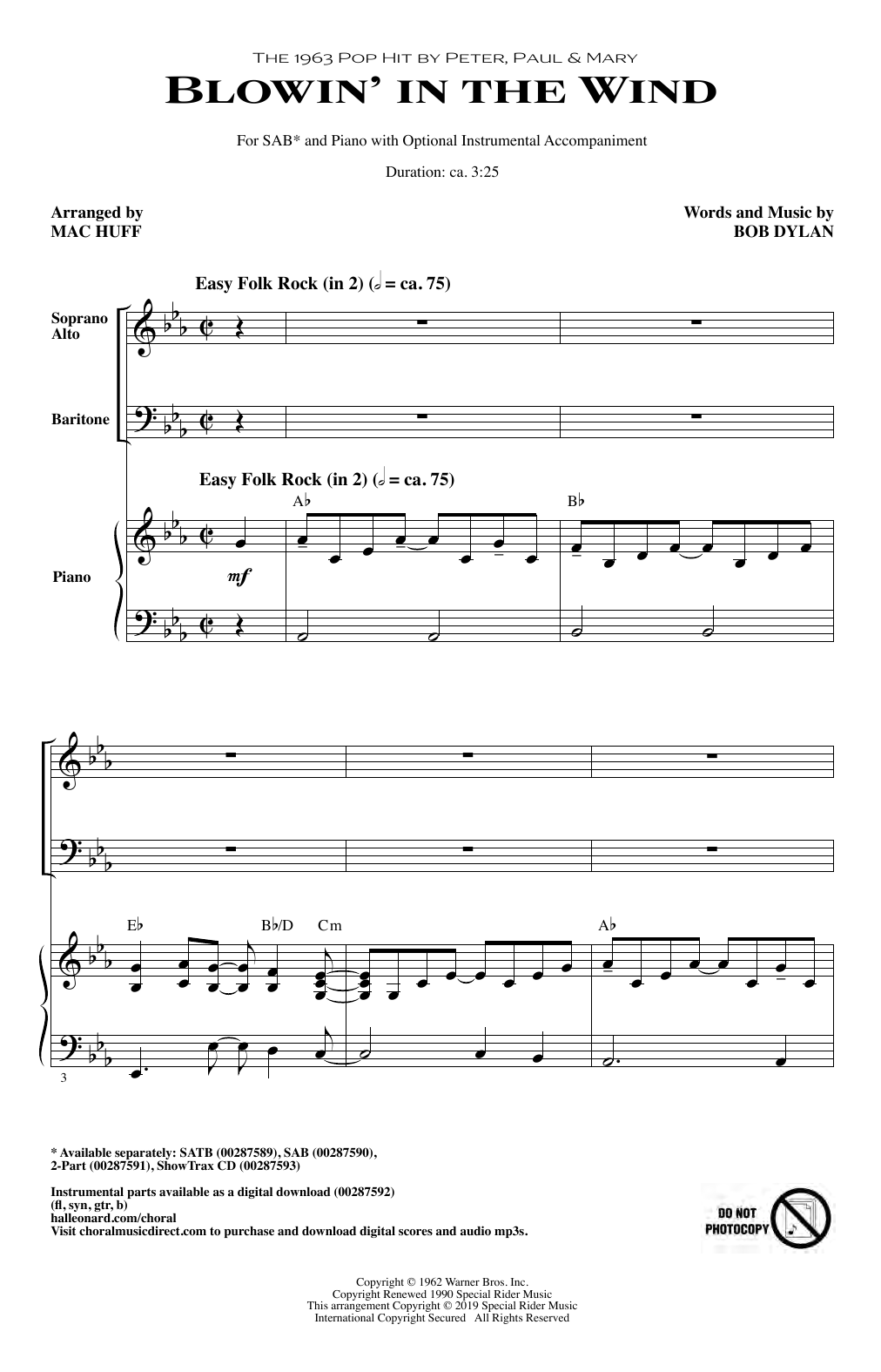 Download Peter, Paul & Mary Blowin' In The Wind (arr. Mac Huff) Sheet Music and learn how to play SAB Choir PDF digital score in minutes