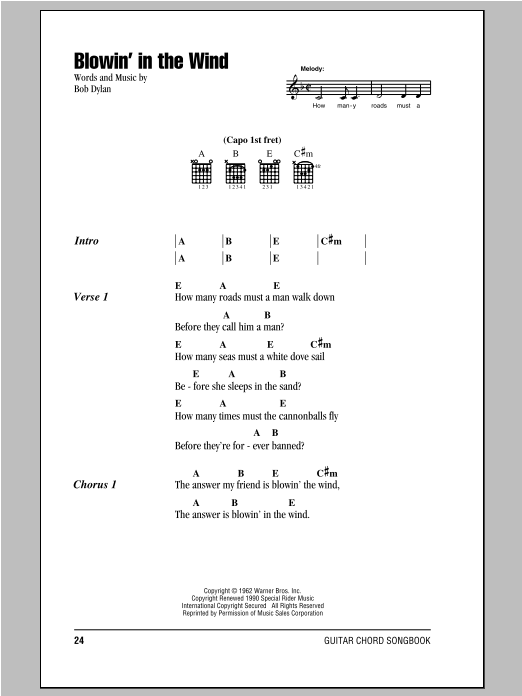 Download Peter, Paul & Mary Blowin' In The Wind Sheet Music and learn how to play Lyrics & Chords PDF digital score in minutes