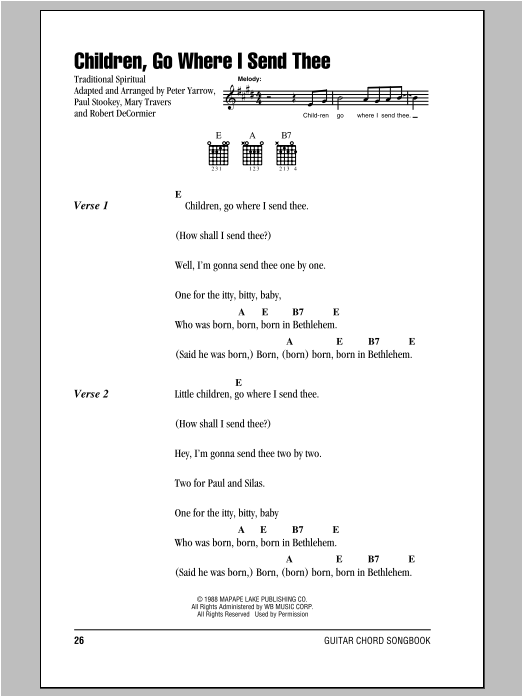 Download Peter, Paul & Mary Children, Go Where I Send Thee Sheet Music and learn how to play Lyrics & Chords PDF digital score in minutes