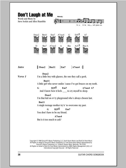 Download Peter, Paul & Mary Don't Laugh At Me Sheet Music and learn how to play Lyrics & Chords PDF digital score in minutes