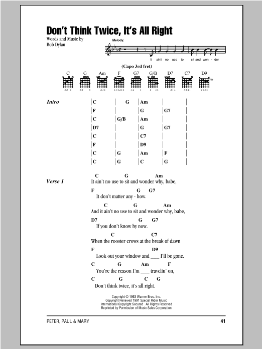 Download Peter, Paul & Mary Don't Think Twice, It's All Right Sheet Music and learn how to play Lyrics & Chords PDF digital score in minutes