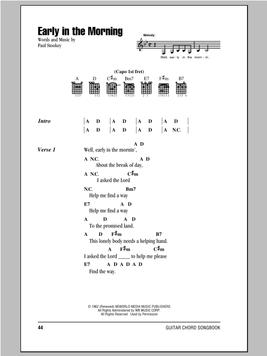 Download Peter, Paul & Mary Early In The Morning Sheet Music and learn how to play Lyrics & Chords PDF digital score in minutes