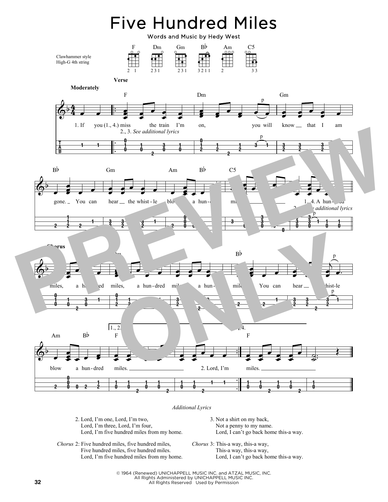 Download Peter, Paul & Mary Five Hundred Miles (arr. Jim Schustedt) Sheet Music and learn how to play Ukulele PDF digital score in minutes