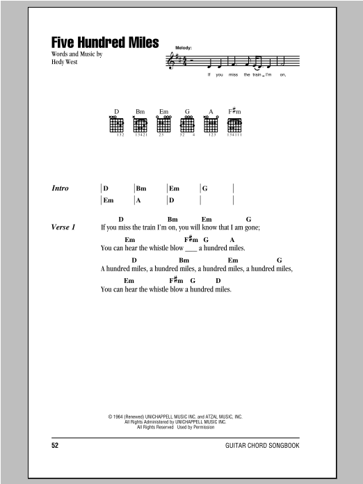 Download Peter, Paul & Mary Five Hundred Miles Sheet Music and learn how to play Piano (Big Notes) PDF digital score in minutes