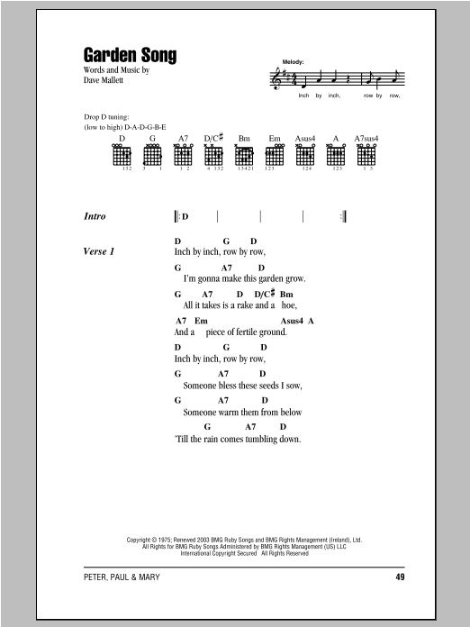 Download Peter, Paul & Mary Garden Song Sheet Music and learn how to play Lyrics & Chords PDF digital score in minutes