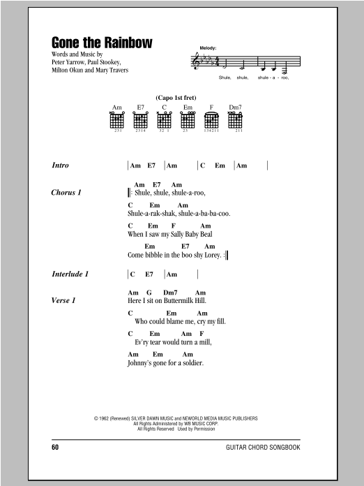 Download Peter, Paul & Mary Gone The Rainbow Sheet Music and learn how to play Lyrics & Chords PDF digital score in minutes
