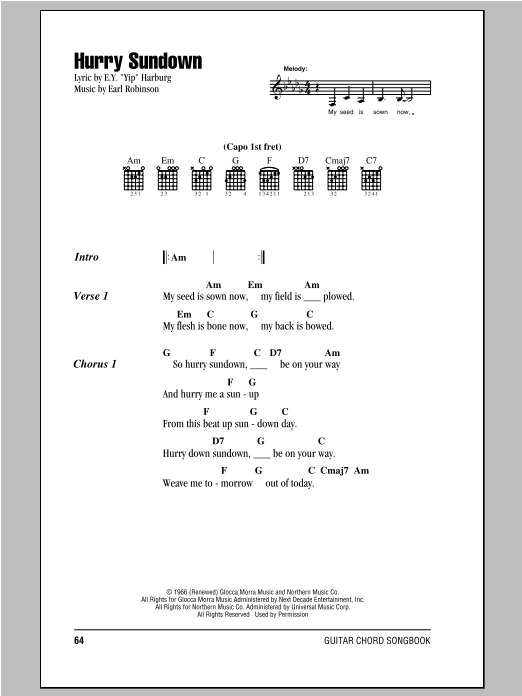 Download Peter, Paul & Mary Hurry Sundown Sheet Music and learn how to play Lyrics & Chords PDF digital score in minutes