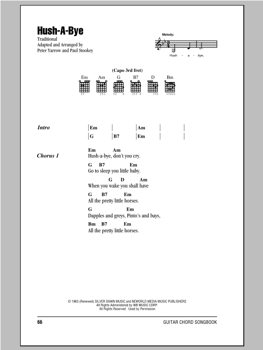 Download Peter, Paul & Mary Hush-A-Bye Sheet Music and learn how to play Lyrics & Chords PDF digital score in minutes
