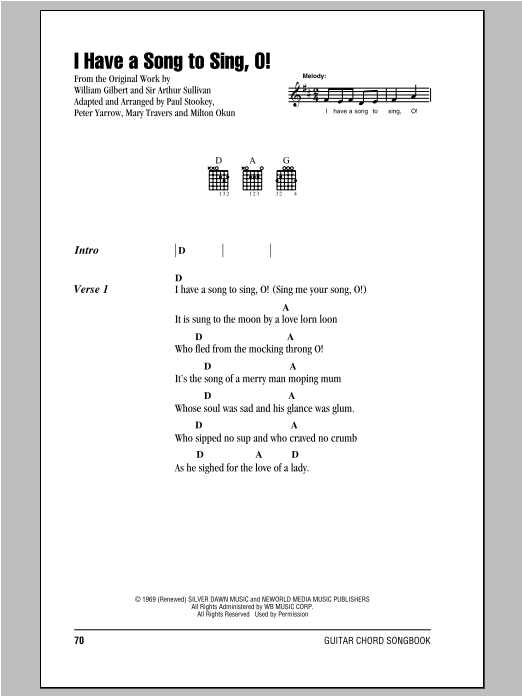 Download Peter, Paul & Mary I Have A Song To Sing, O! Sheet Music and learn how to play Lyrics & Chords PDF digital score in minutes