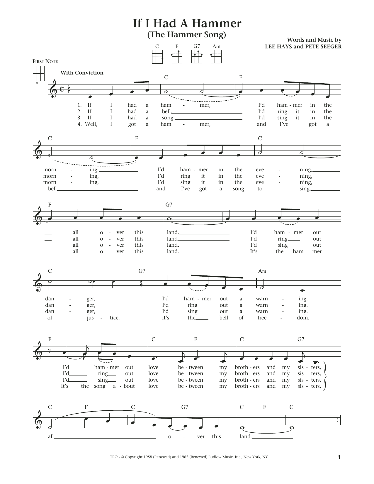 Download Peter, Paul & Mary If I Had A Hammer (The Hammer Song) Sheet Music and learn how to play Ukulele PDF digital score in minutes