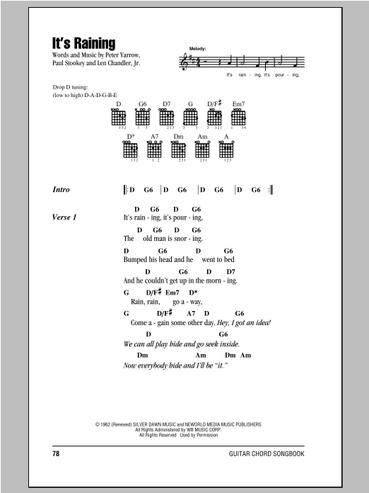 Download Peter, Paul & Mary It's Raining Sheet Music and learn how to play Lyrics & Chords PDF digital score in minutes