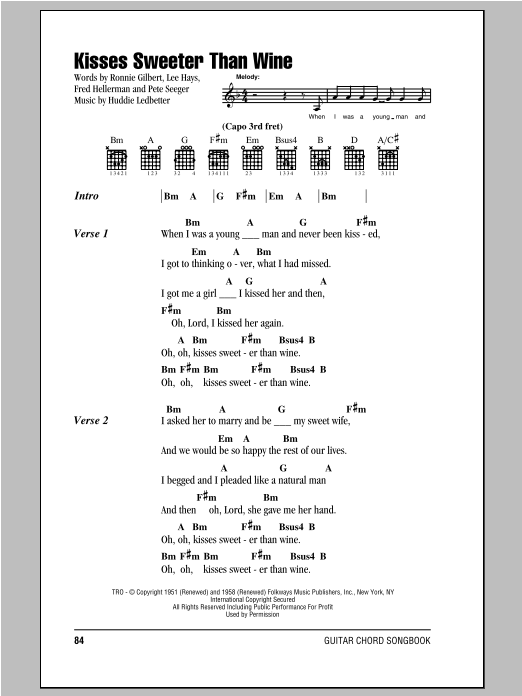 Download Peter, Paul & Mary Kisses Sweeter Than Wine Sheet Music and learn how to play Lyrics & Chords PDF digital score in minutes