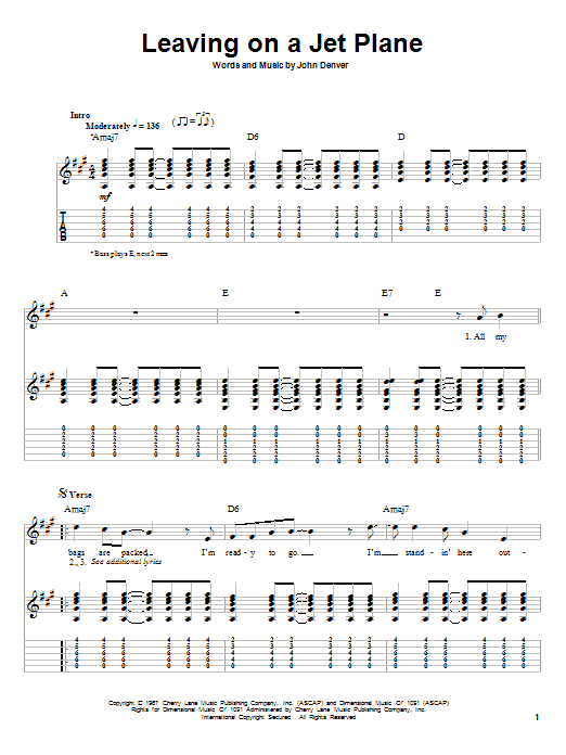 Download Peter, Paul & Mary Leaving On A Jet Plane Sheet Music and learn how to play Guitar Tab PDF digital score in minutes