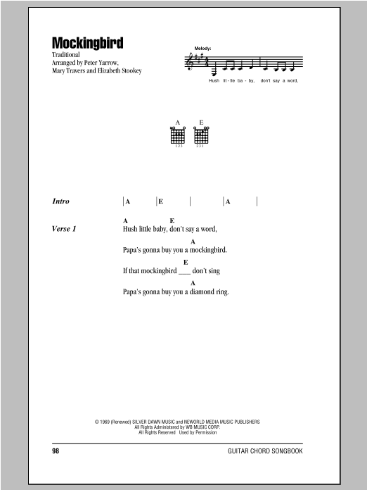 Download Peter, Paul & Mary Mockingbird Sheet Music and learn how to play Lyrics & Chords PDF digital score in minutes