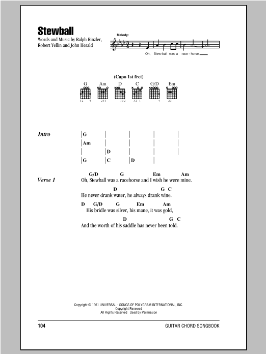 Download Peter, Paul & Mary Stewball Sheet Music and learn how to play Lyrics & Chords PDF digital score in minutes