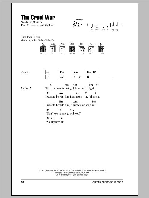 Download Peter, Paul & Mary The Cruel War Sheet Music and learn how to play Lyrics & Chords PDF digital score in minutes