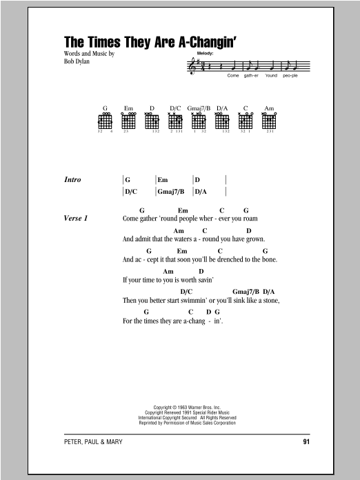 Download Peter, Paul & Mary The Times They Are A-Changin' Sheet Music and learn how to play Lyrics & Chords PDF digital score in minutes