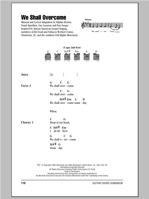 Download Peter, Paul & Mary We Shall Overcome Sheet Music and learn how to play Lyrics & Chords PDF digital score in minutes