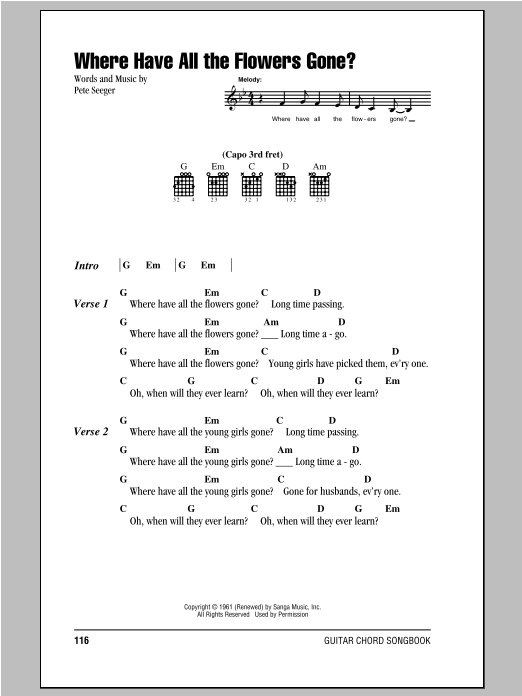 Download Peter, Paul & Mary Where Have All The Flowers Gone? Sheet Music and learn how to play Lyrics & Chords PDF digital score in minutes