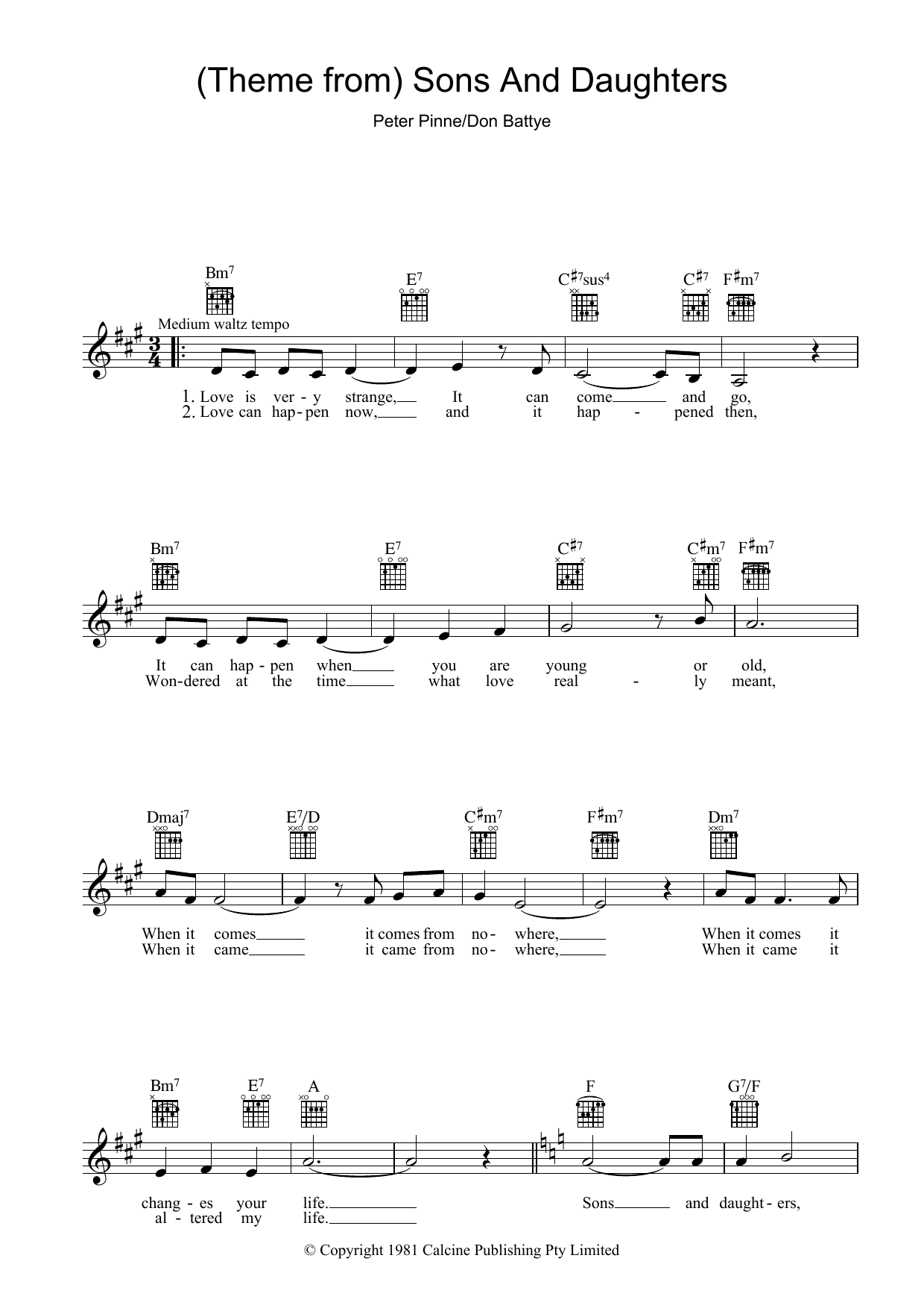 Download Peter Pinne Theme From Sons And Daughters Sheet Music and learn how to play Melody Line, Lyrics & Chords PDF digital score in minutes