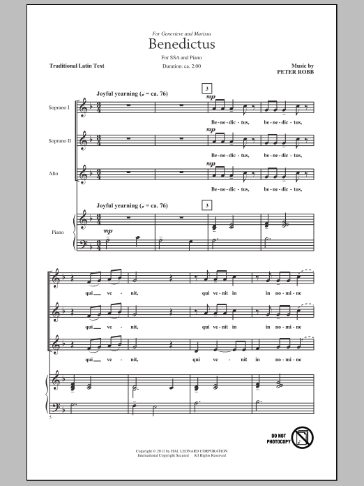 Download Peter Robb Agnus Dei And Benedictus Sheet Music and learn how to play SSA PDF digital score in minutes
