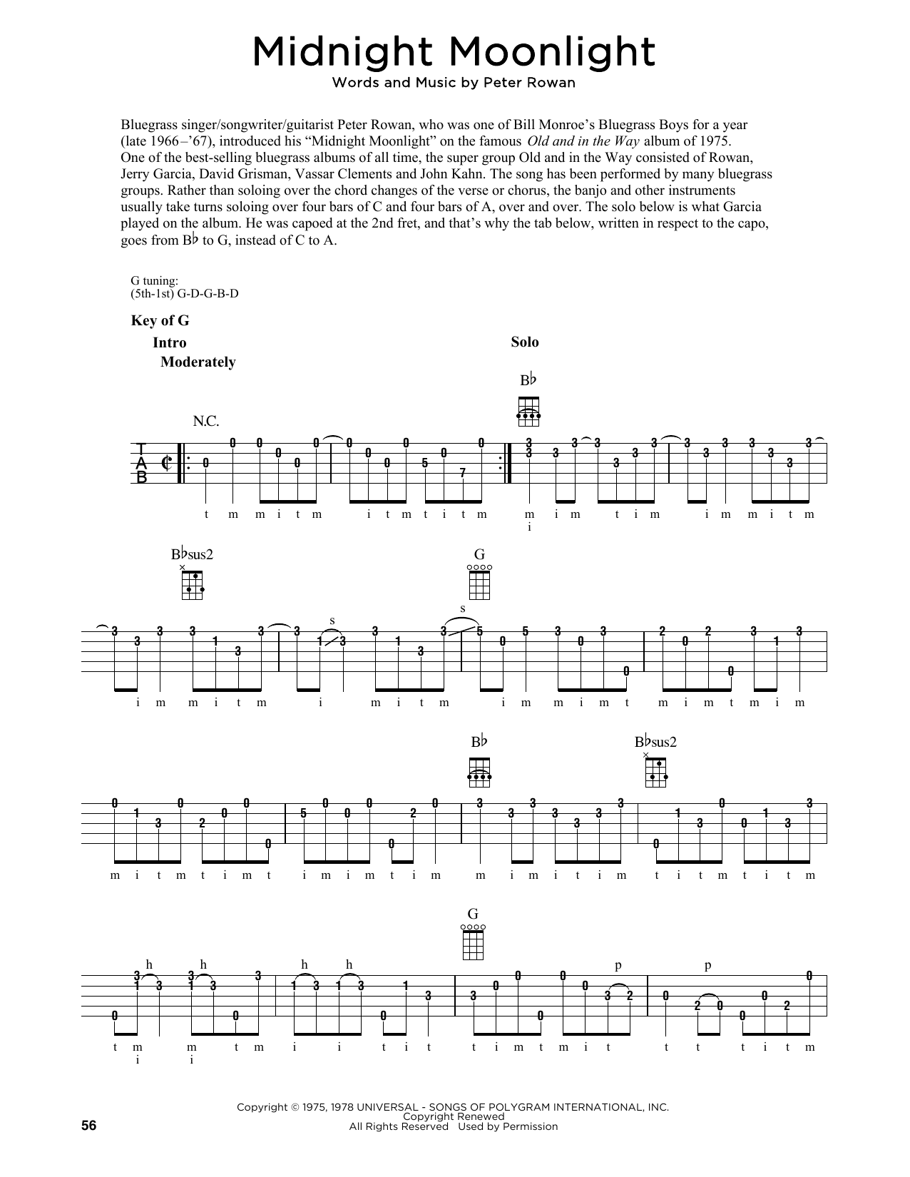 Download Peter Rowan Midnight Moonlight (arr. Fred Sokolow) Sheet Music and learn how to play Banjo Tab PDF digital score in minutes