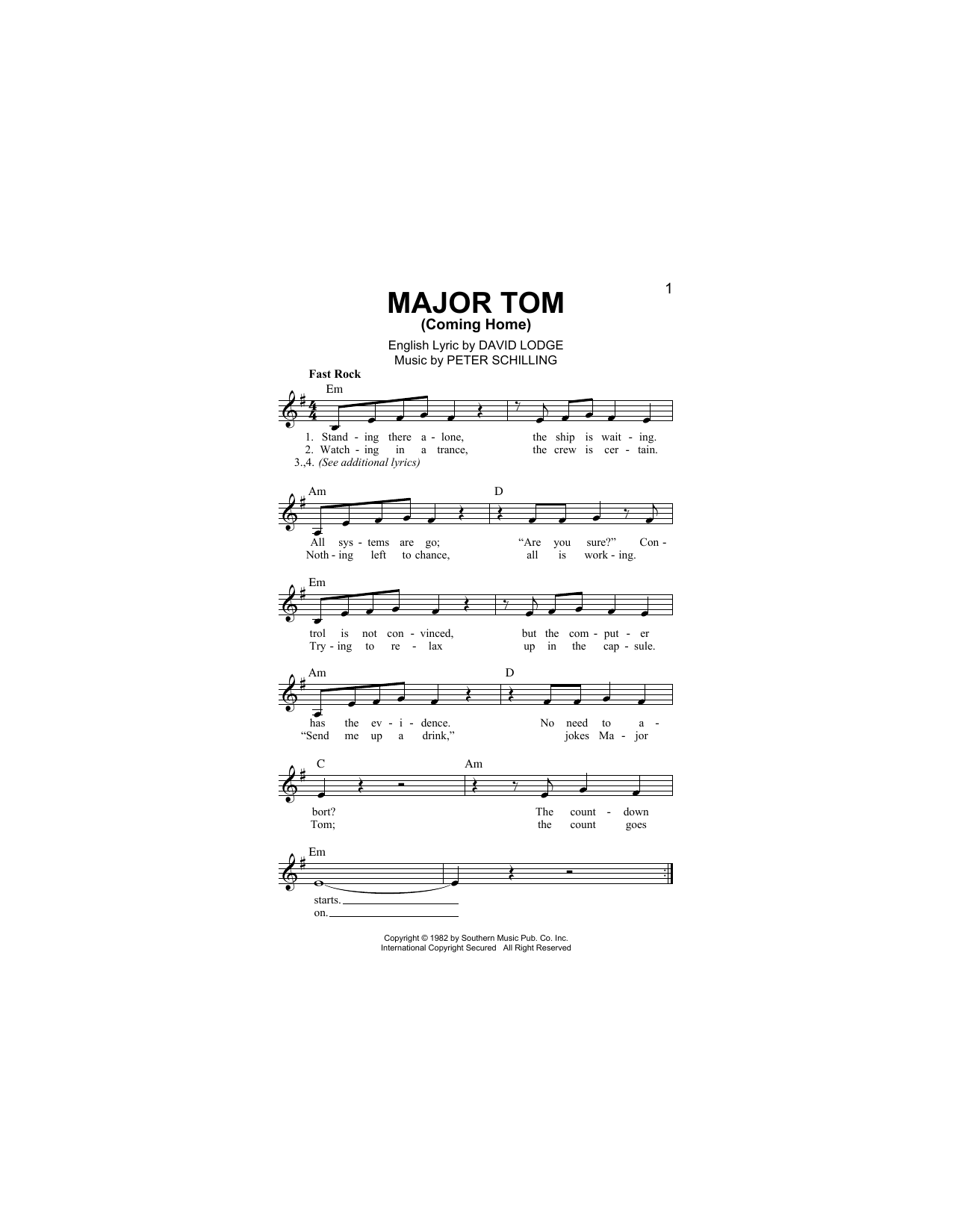 Download Peter Schilling Major Tom (Coming Home) Sheet Music and learn how to play Piano, Vocal & Guitar Chords (Right-Hand Melody) PDF digital score in minutes