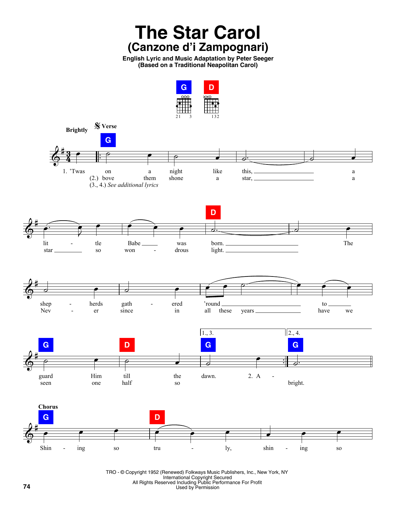 Download Peter Seeger The Star Carol (Canzone D'i Zampognari) Sheet Music and learn how to play CHDBDY PDF digital score in minutes