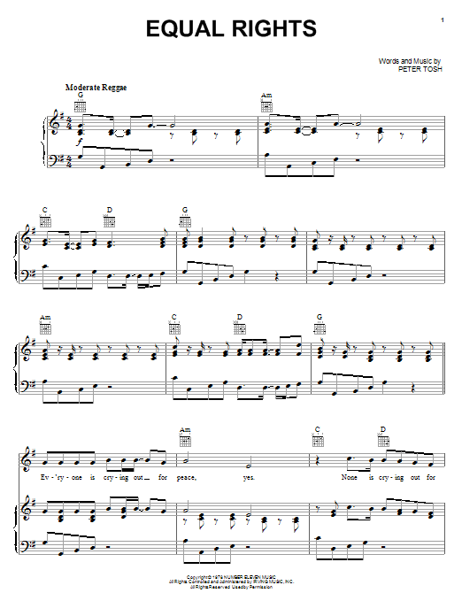 Download Peter Tosh Equal Rights Sheet Music and learn how to play Piano, Vocal & Guitar (Right-Hand Melody) PDF digital score in minutes