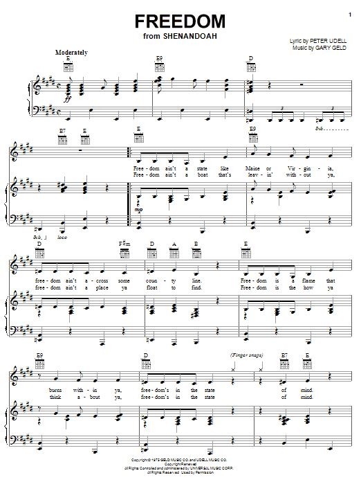 Download Peter Udell Freedom Sheet Music and learn how to play Melody Line, Lyrics & Chords PDF digital score in minutes