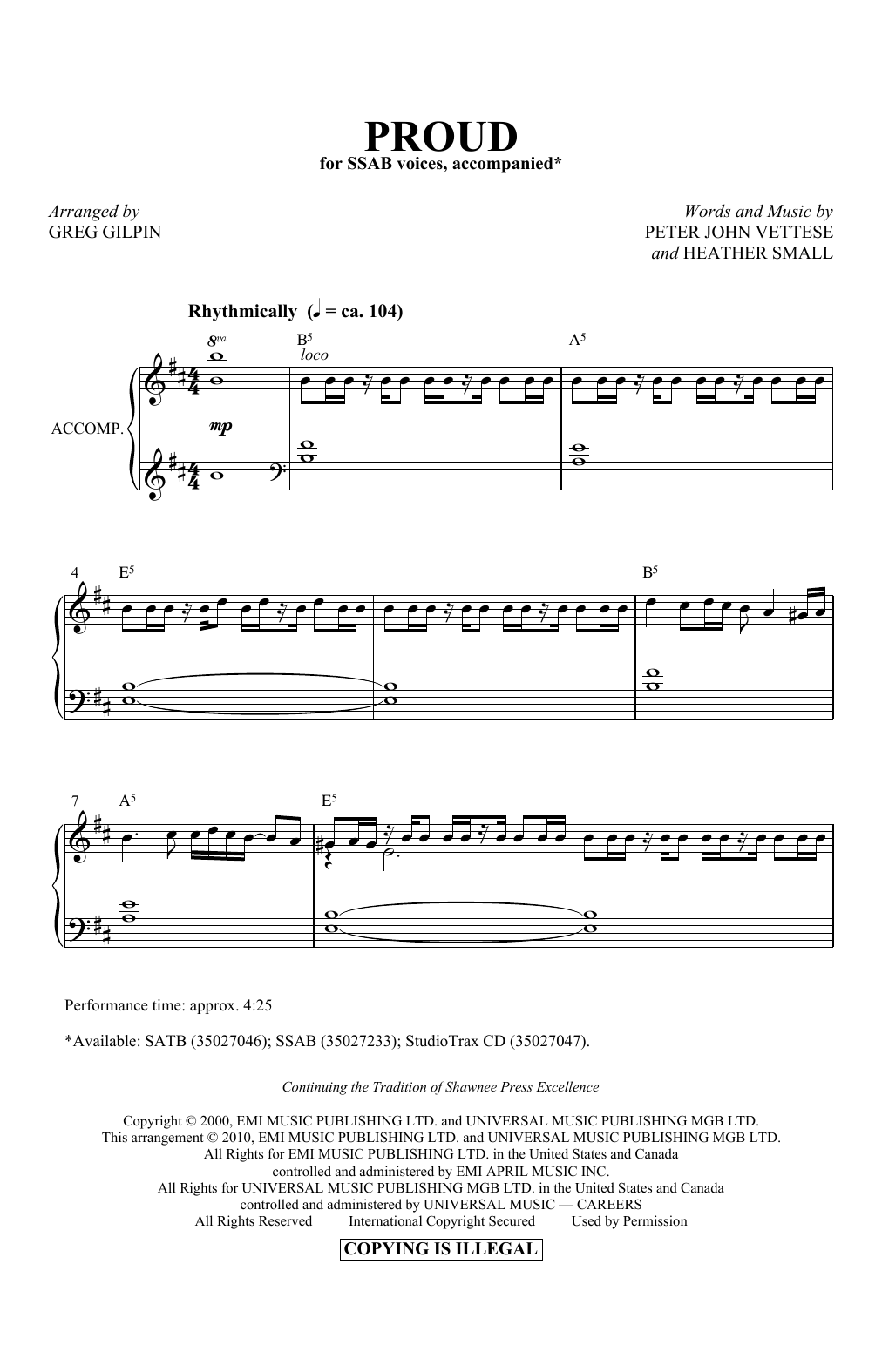 Download Peter Vettese and Heather Small Proud (arr. Greg Gilpin) Sheet Music and learn how to play SATB Choir PDF digital score in minutes