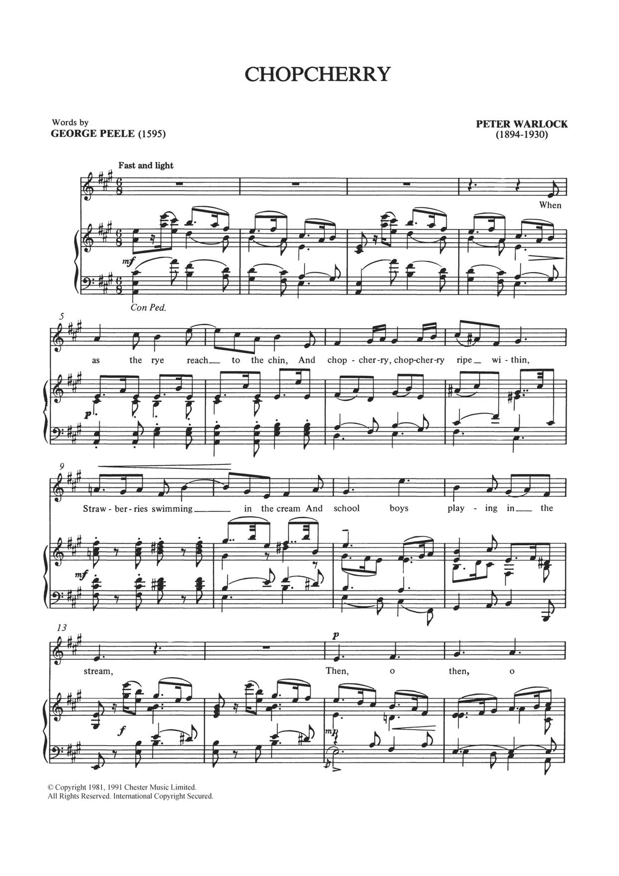 Download Peter Warlock Chopcherry Sheet Music and learn how to play Piano & Vocal PDF digital score in minutes