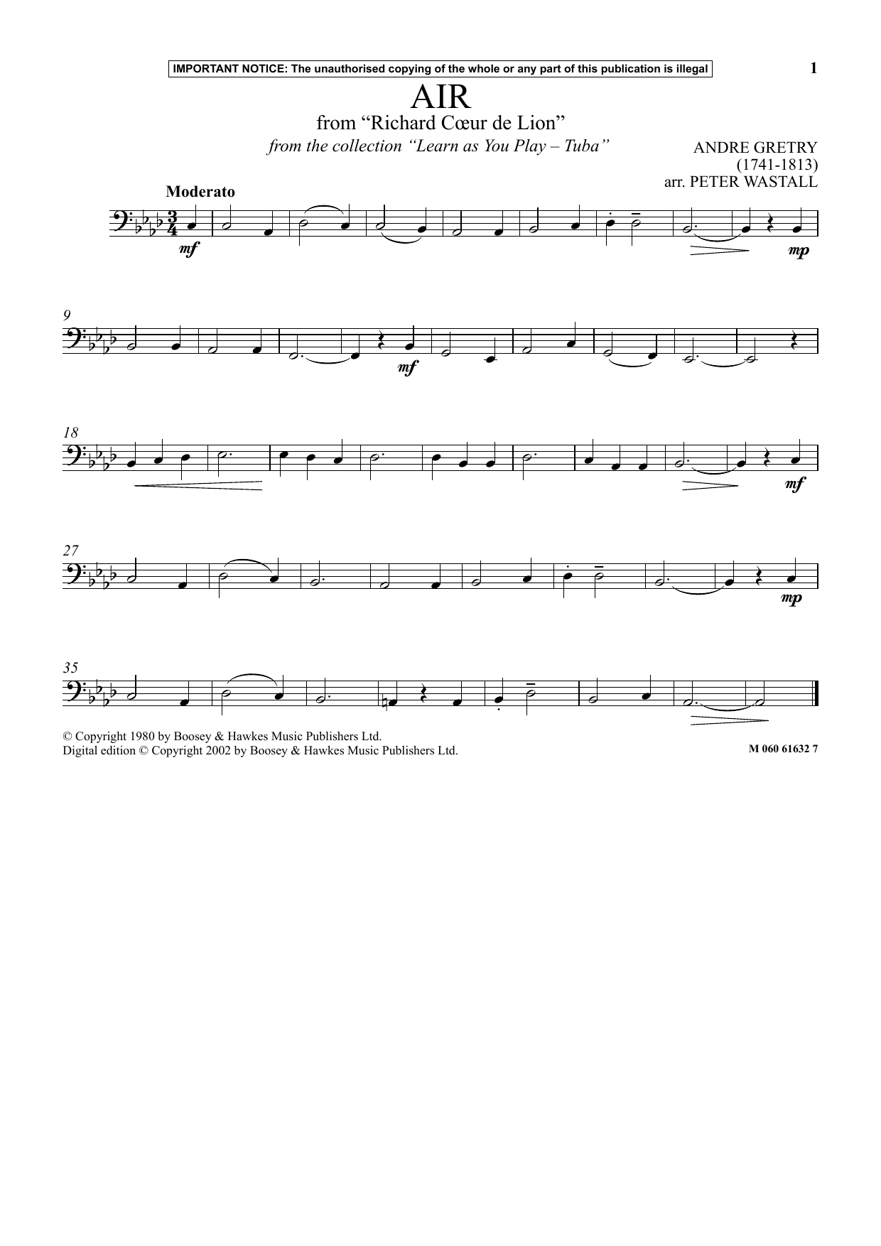 Download Peter Wastall Air From Richard Coeur De Lion (from Learn As You Play Tuba) Sheet Music and learn how to play Instrumental Solo PDF digital score in minutes