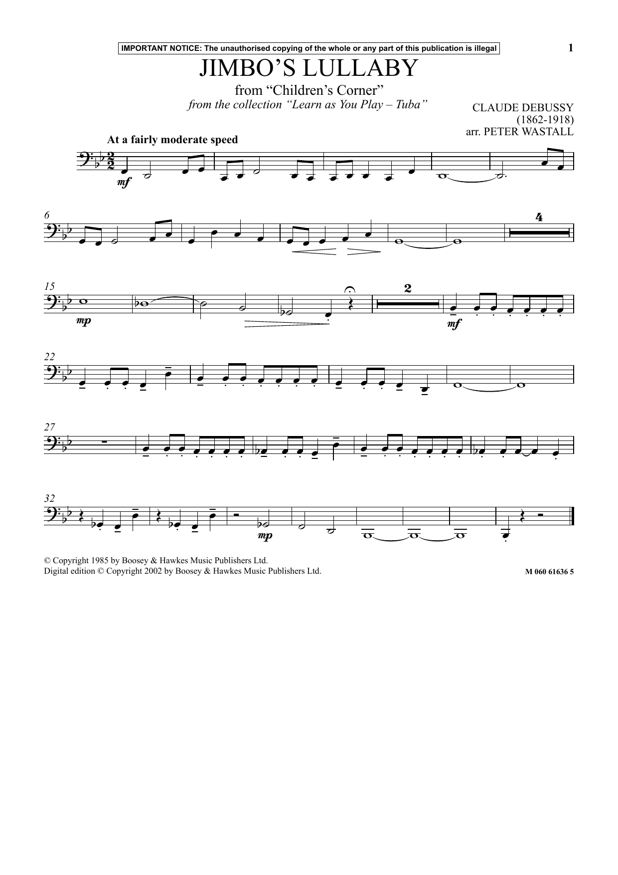 Download Peter Wastall Jimbo's Lullaby From Children's Corner (from Learn As You Play Tuba) Sheet Music and learn how to play Instrumental Solo PDF digital score in minutes