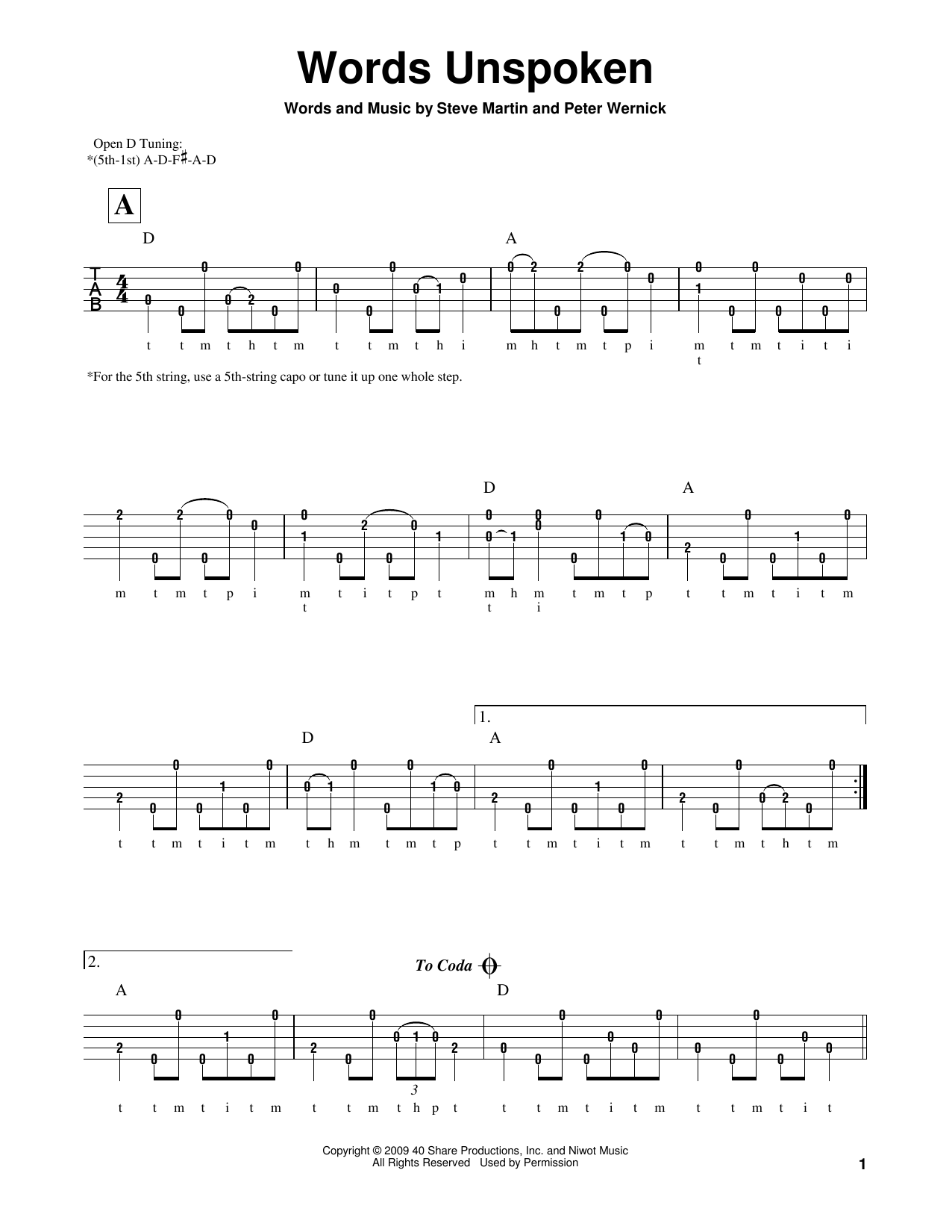 Download Peter Wernick Words Unspoken Sheet Music and learn how to play Banjo PDF digital score in minutes
