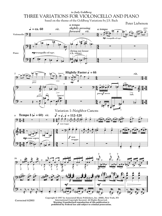 Download Peter Lieberson Three Variations For Violoncello And Piano Sheet Music and learn how to play Chamber Group PDF digital score in minutes