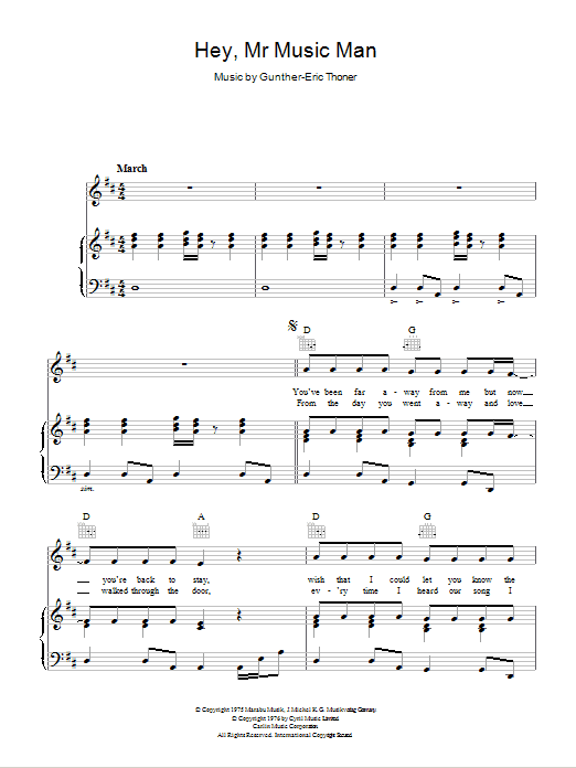 Download Peters & Lee Hey, Mr Music Man Sheet Music and learn how to play Piano, Vocal & Guitar (Right-Hand Melody) PDF digital score in minutes