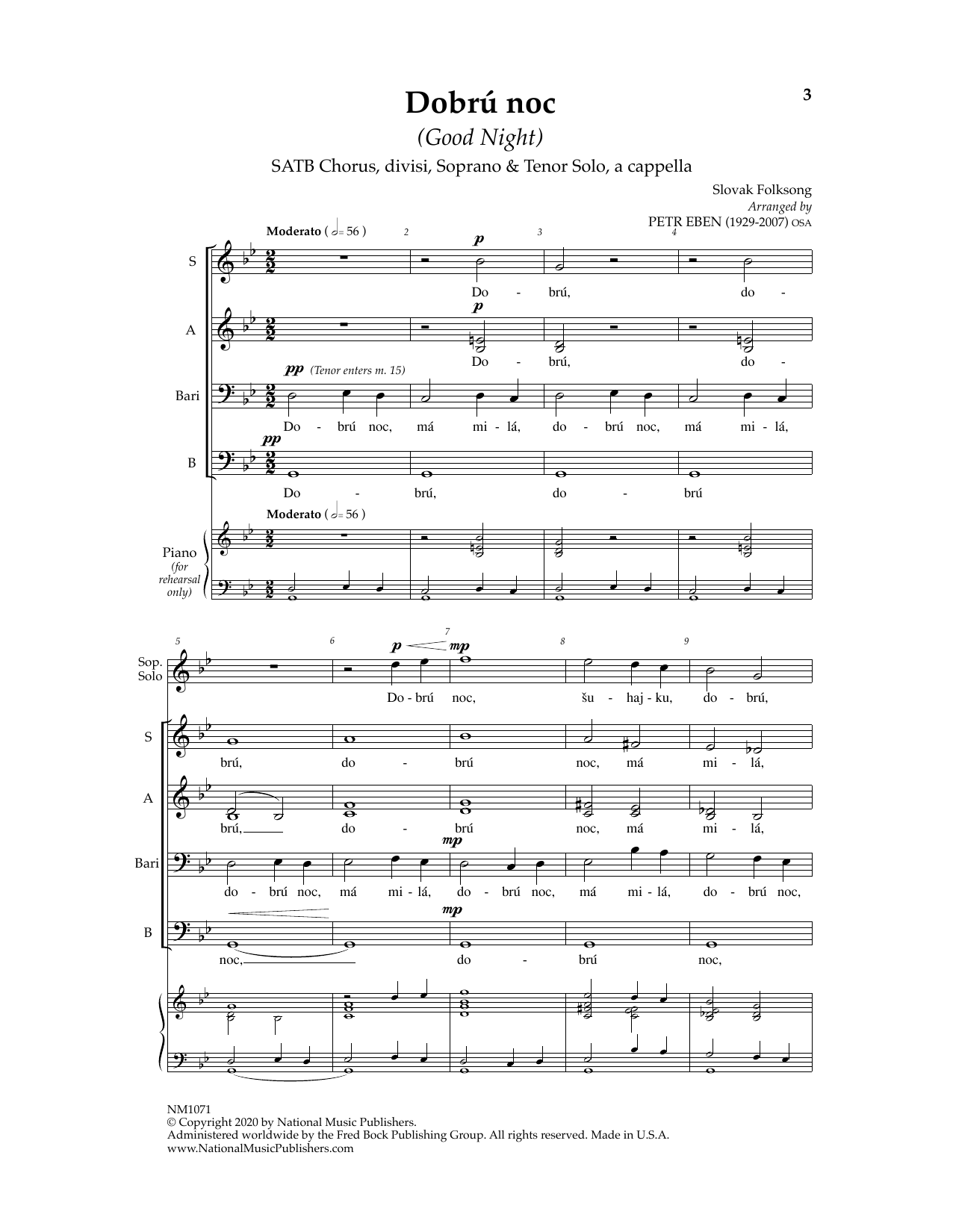 Download Petr Eben Dobru Noc (Good Night) Sheet Music and learn how to play SATB Choir PDF digital score in minutes