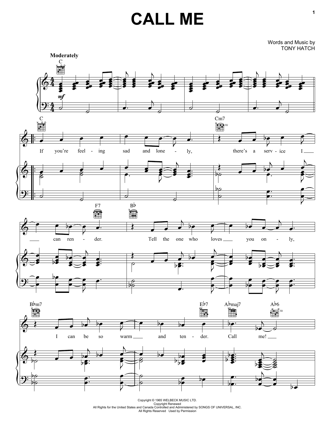 Download Petula Clark Call Me Sheet Music and learn how to play Guitar Tab PDF digital score in minutes