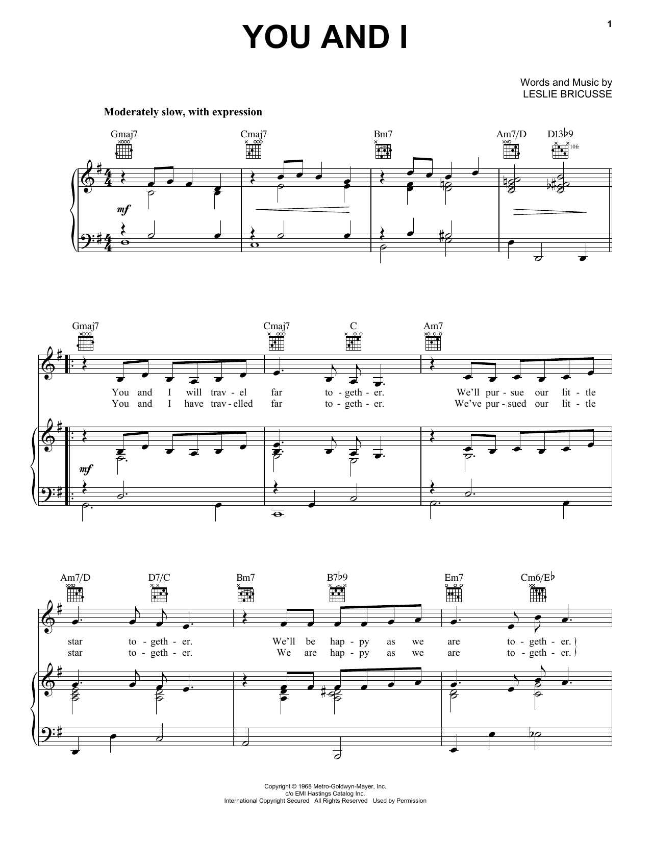 Download Leslie Bricusse You And I Sheet Music and learn how to play Piano, Vocal & Guitar (Right-Hand Melody) PDF digital score in minutes