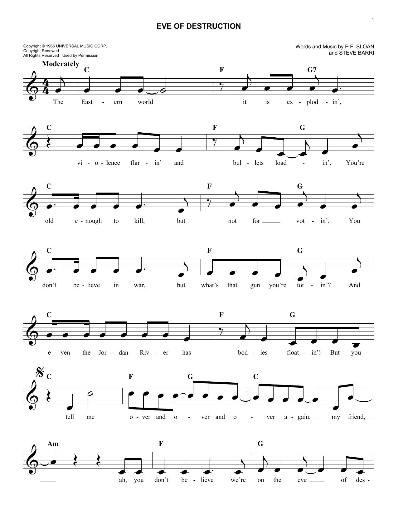Download P.F. Sloan Eve Of Destruction Sheet Music and learn how to play Melody Line, Lyrics & Chords PDF digital score in minutes