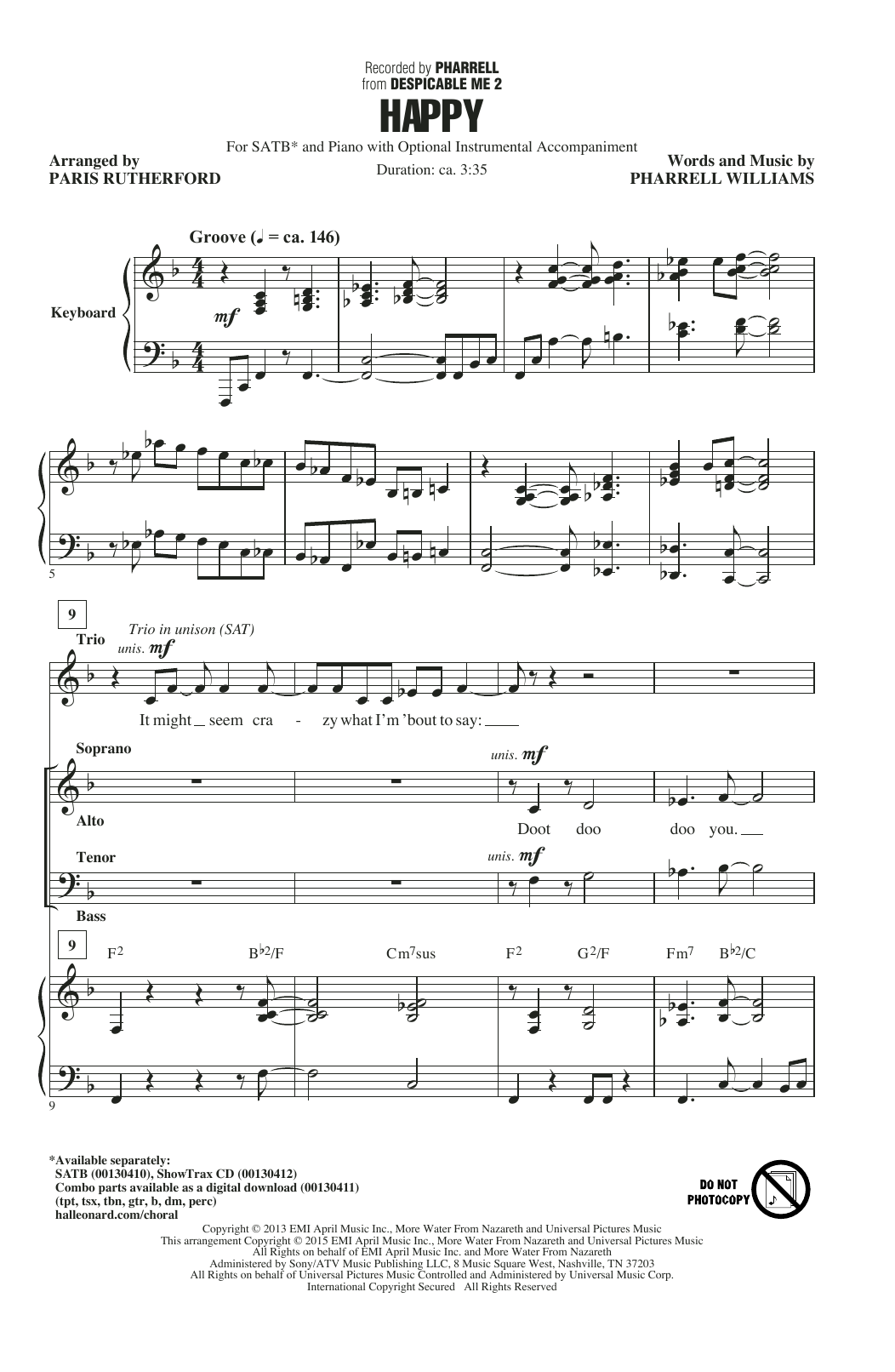 Download Pharrell Williams Happy (Arr. Paris Rutherford) Sheet Music and learn how to play SATB PDF digital score in minutes