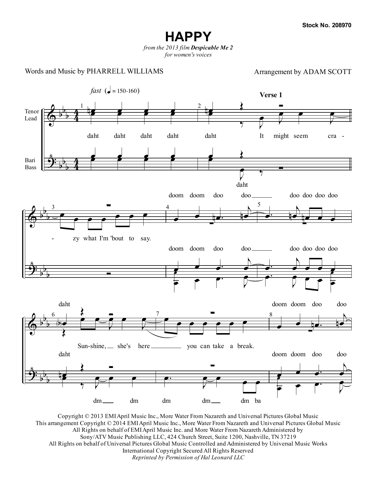 Download Pharrell Williams Happy (from Despicable Me 2) (arr. Adam Scott) Sheet Music and learn how to play SSAA Choir PDF digital score in minutes