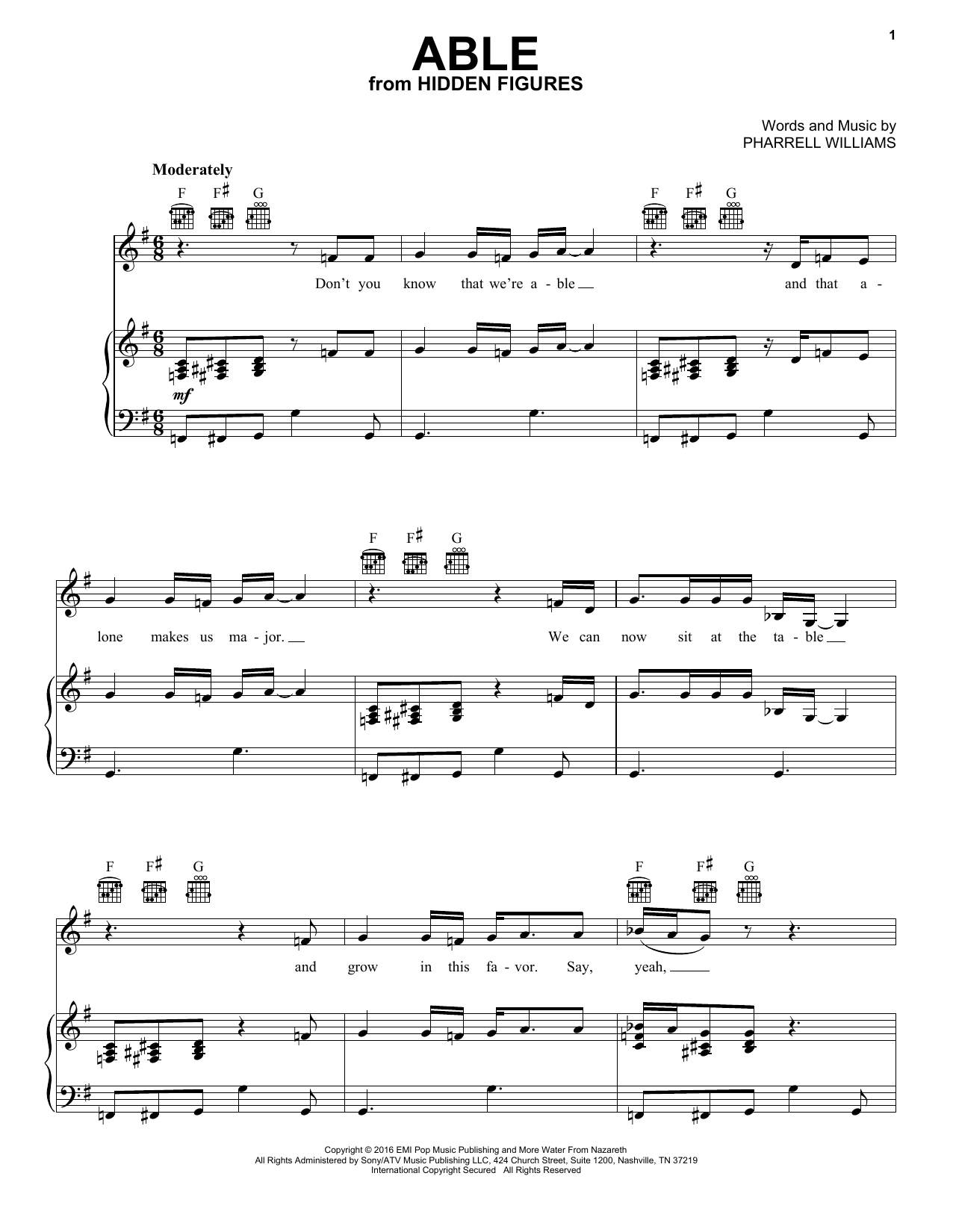 Download Pharrell Williams Able Sheet Music and learn how to play Piano, Vocal & Guitar (Right-Hand Melody) PDF digital score in minutes